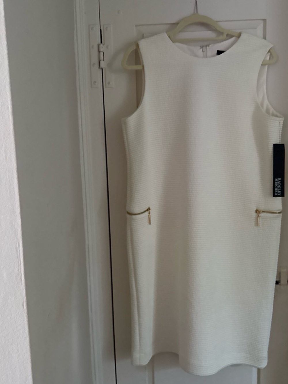 Badgley Mischka Sleeveless White Midi Dress with Gold Zipper Accents